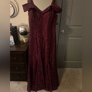 Burgundy Off-The-Shoulder, Trumpet Style Lace Evening Dress